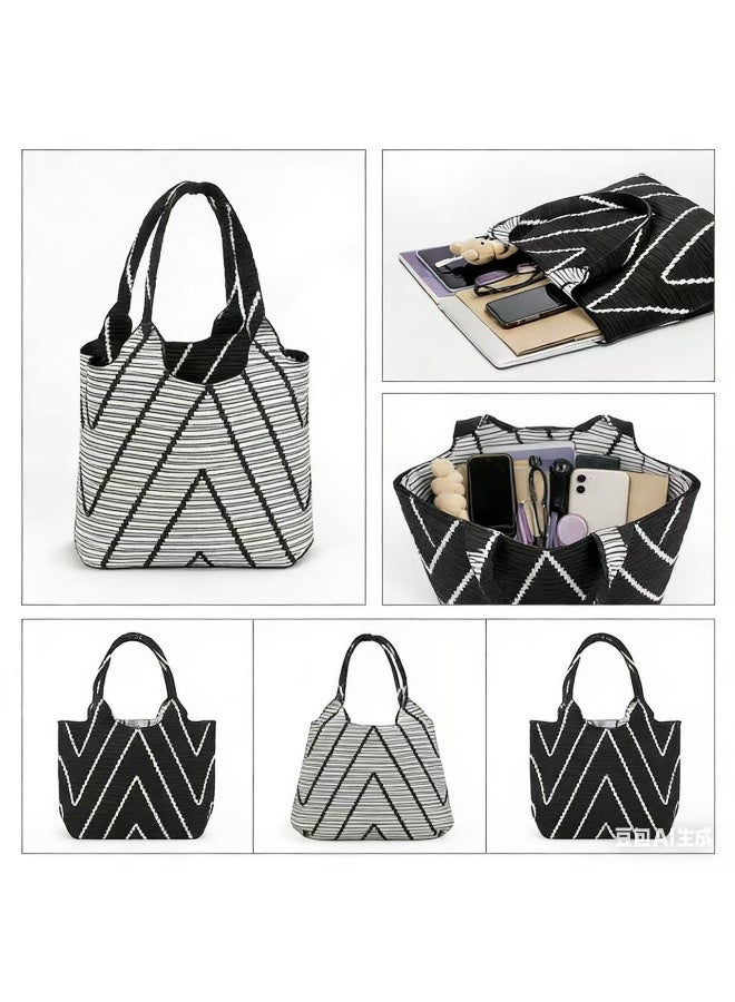 Nestvel Black & White Chevron Knit Tote Bag，Handbags with Pockets, Crossbody Bags, Large Handbags, Top Handle Shoulder Bags, Casual Work Bags, Everyday Shoulder Bags, Various Handbags Suitable for Work, Travel, Shopping, One Size - Image 5